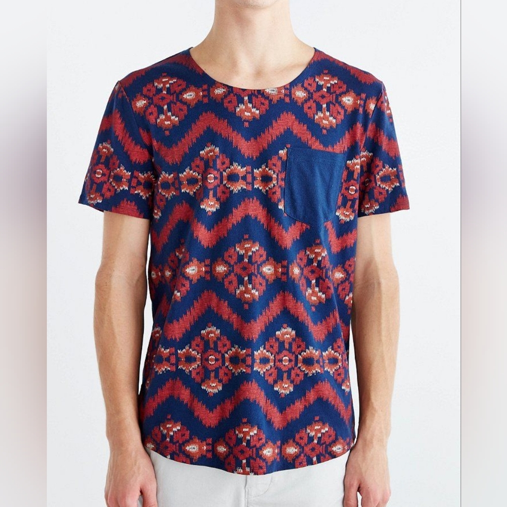 Mens Large BDG Allover Ikat Open Neck Pocket Standard-Fit Tee